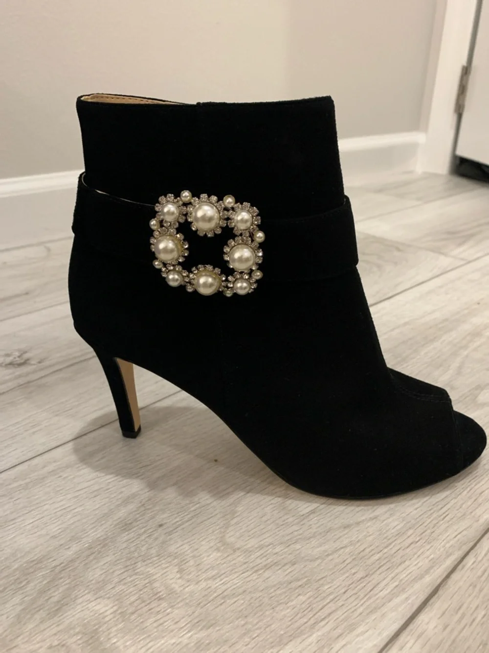 Neiman Marcus Black Pearl-Buckle Peep-Toe Ankle Boots
